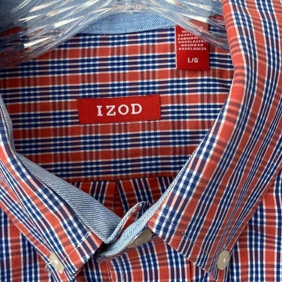 Mens Izod button down shirt. Long sleeves. Navy and red plaid. Large - Picture 6 of 11